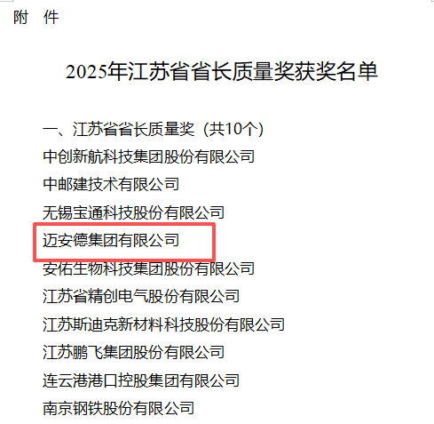 迈安德荣获2025江苏省省长质量奖
