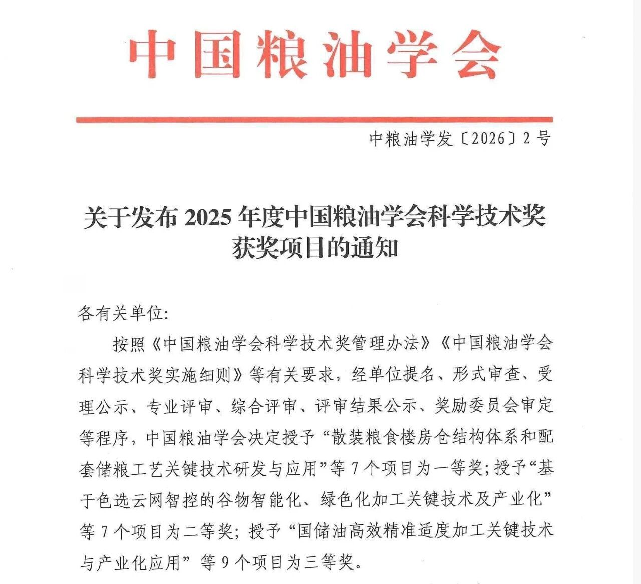 2025年度中国粮油学会科学技术奖获奖项目通知